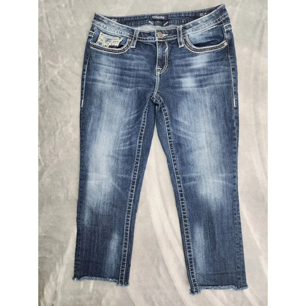 Vigoss Chelsea Capri Heritage Fit Raw Hem Crop Jeans Size 11/12 L25 Blue Stretch